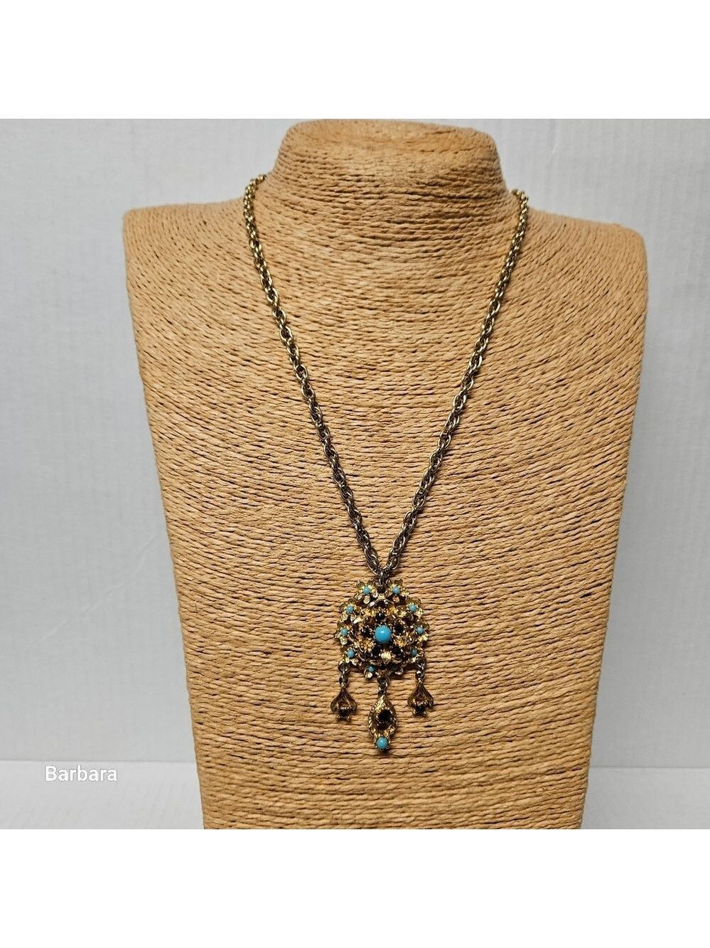 VintageRenaissance Revival Faux Ruby/ Turquoise Beads Pendant Necklace